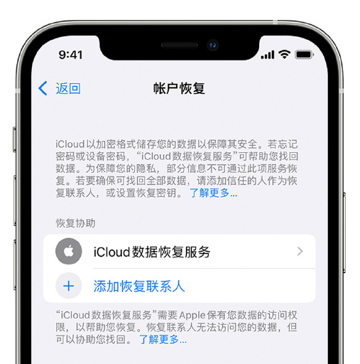 台江苹果手机维修分享在 iPhone 上设置帐户恢复联系人的方法 